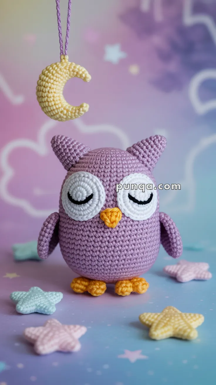 A crochet purple owl with closed eyes and yellow beak and feet, set against a colorful background with stars and a crescent moon hanging above.