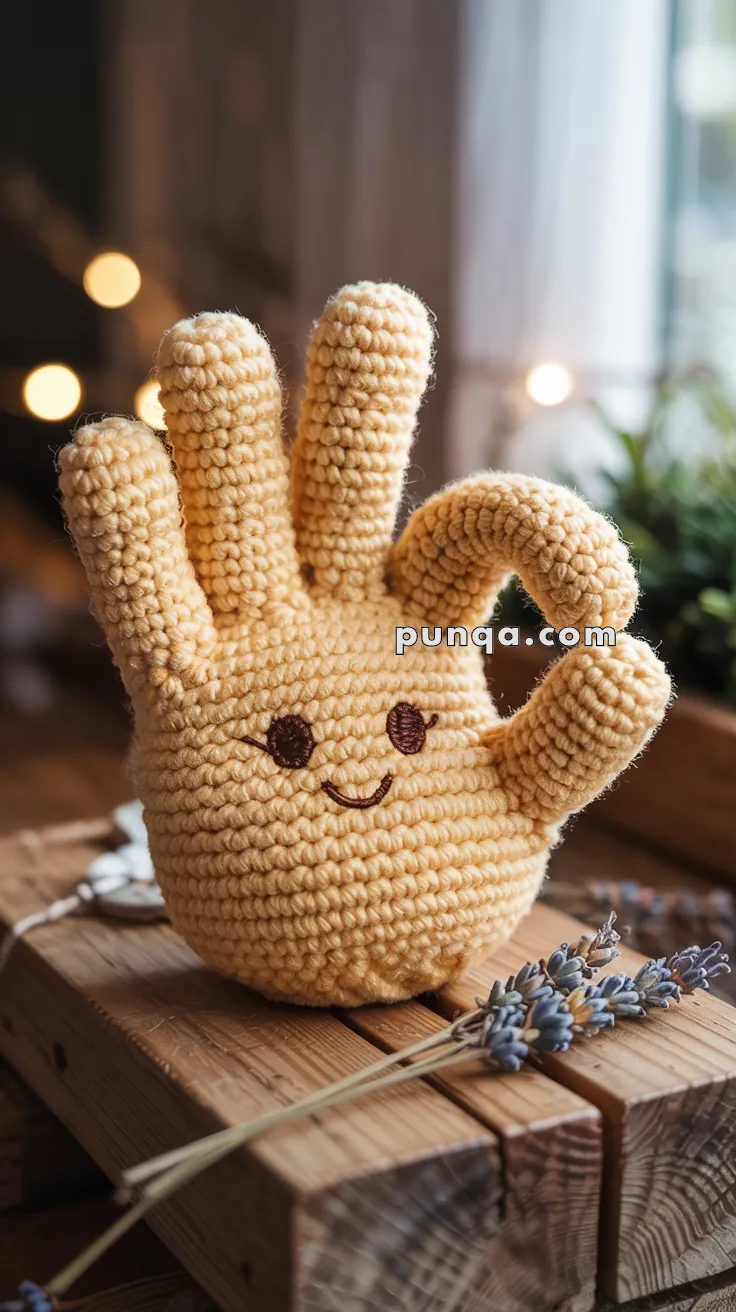 A crocheted plush toy shaped like a hand making an "OK" gesture, with a smiling face embroidered on it, sitting on a wooden surface with blurred lights in the background.
