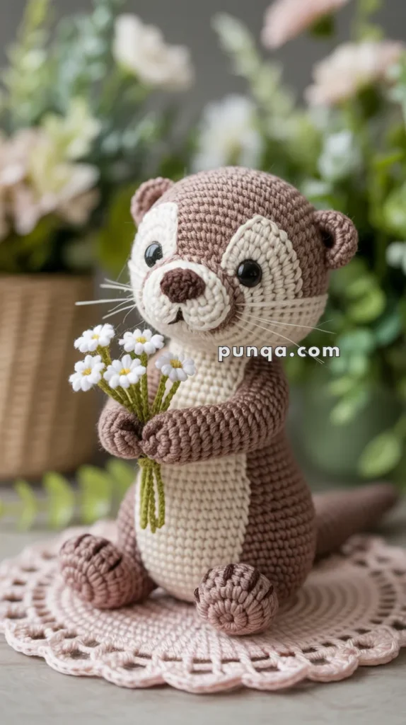 A handmade crochet otter holding a small bouquet of white flowers, sitting on a pink crocheted doily with blurred green and white flowers in the background.