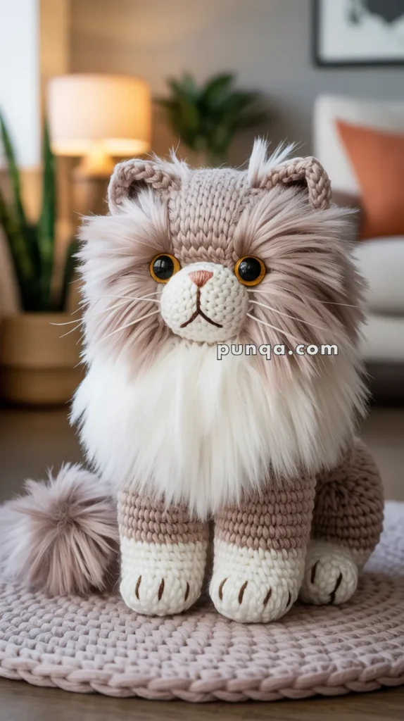A plush knitted cat with fluffy fur, sitting on a braided rug in a cozy living room setting.