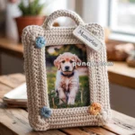 A handcrafted picture frame made of beige crochet material with blue and orange flower accents, displaying a photo of a puppy walking on grass. The frame is tagged with the word 'Memories' and is placed on a rustic wooden table with a blurred background of a bright room and potted flowers.
