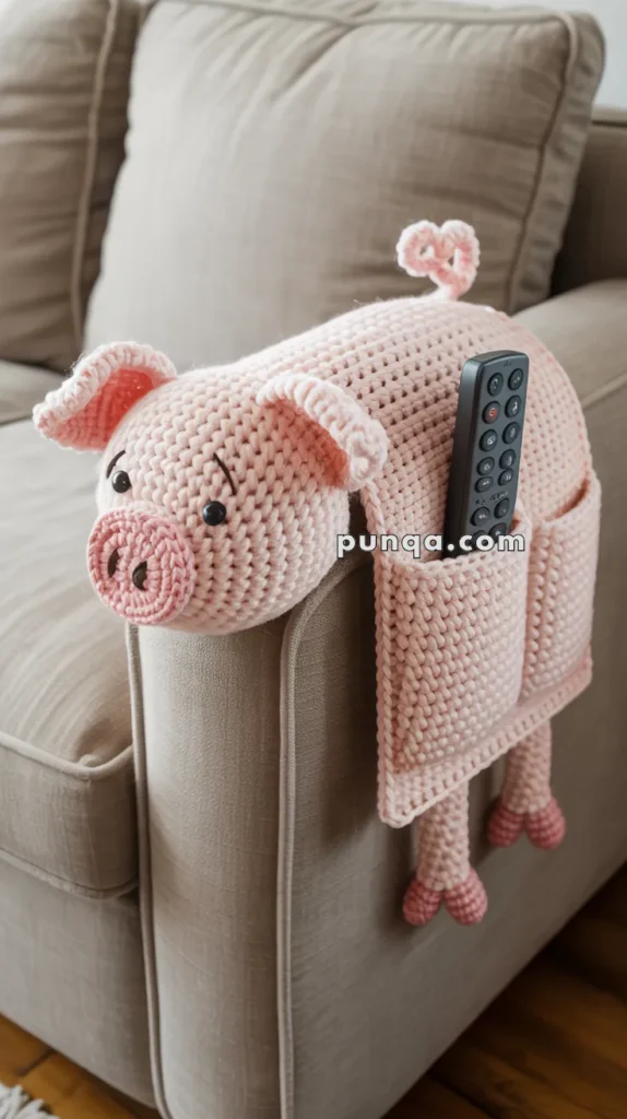 A crocheted pig-shaped armrest cover with pocket sits on the arm of a beige couch, holding a remote control.