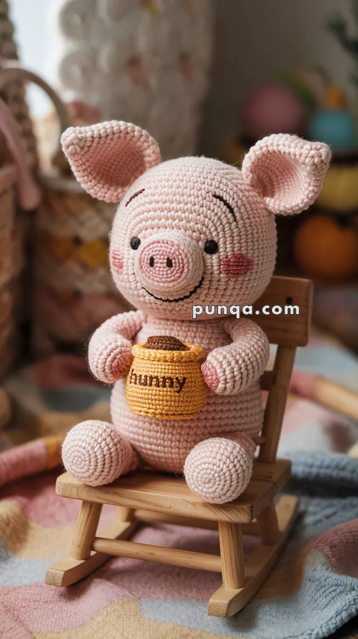 A crocheted piglet toy with a smiling face and pink cheeks, holding a small yellow crocheted pot labeled "hunny," seated on a wooden chair.