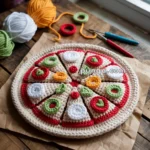 A crocheted pizza with colorful slices, featuring toppings in green, red, and white yarn, displayed on a wooden surface next to balls of yarn and crochet hooks near a window.
