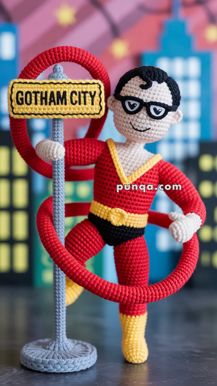 A crocheted figure of a superhero in a red and yellow costume with black eye mask stands next to a crocheted "Gotham City" sign, set against a background of city buildings.