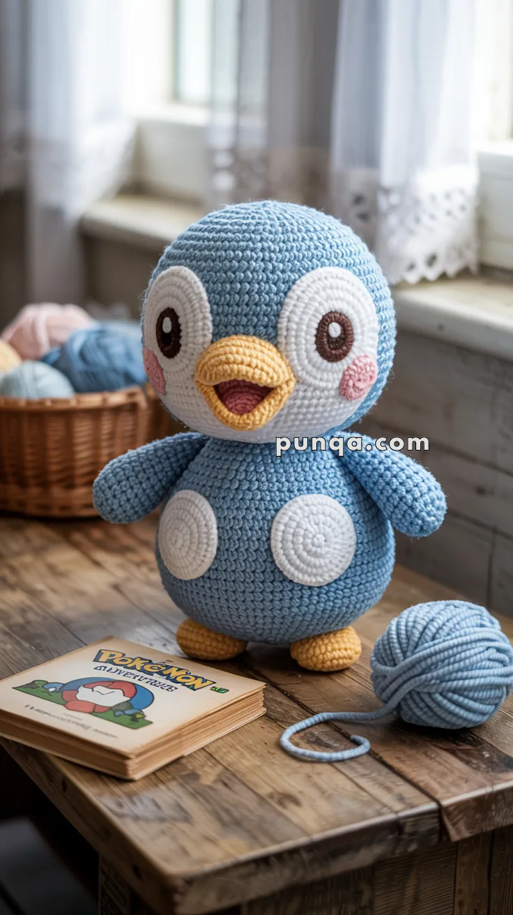 A crocheted blue penguin toy with large eyes and a yellow beak is sitting on a wooden table. Next to it, there is a ball of blue yarn and a book with a Pokémon theme. A wicker basket with yarn balls is in the background.