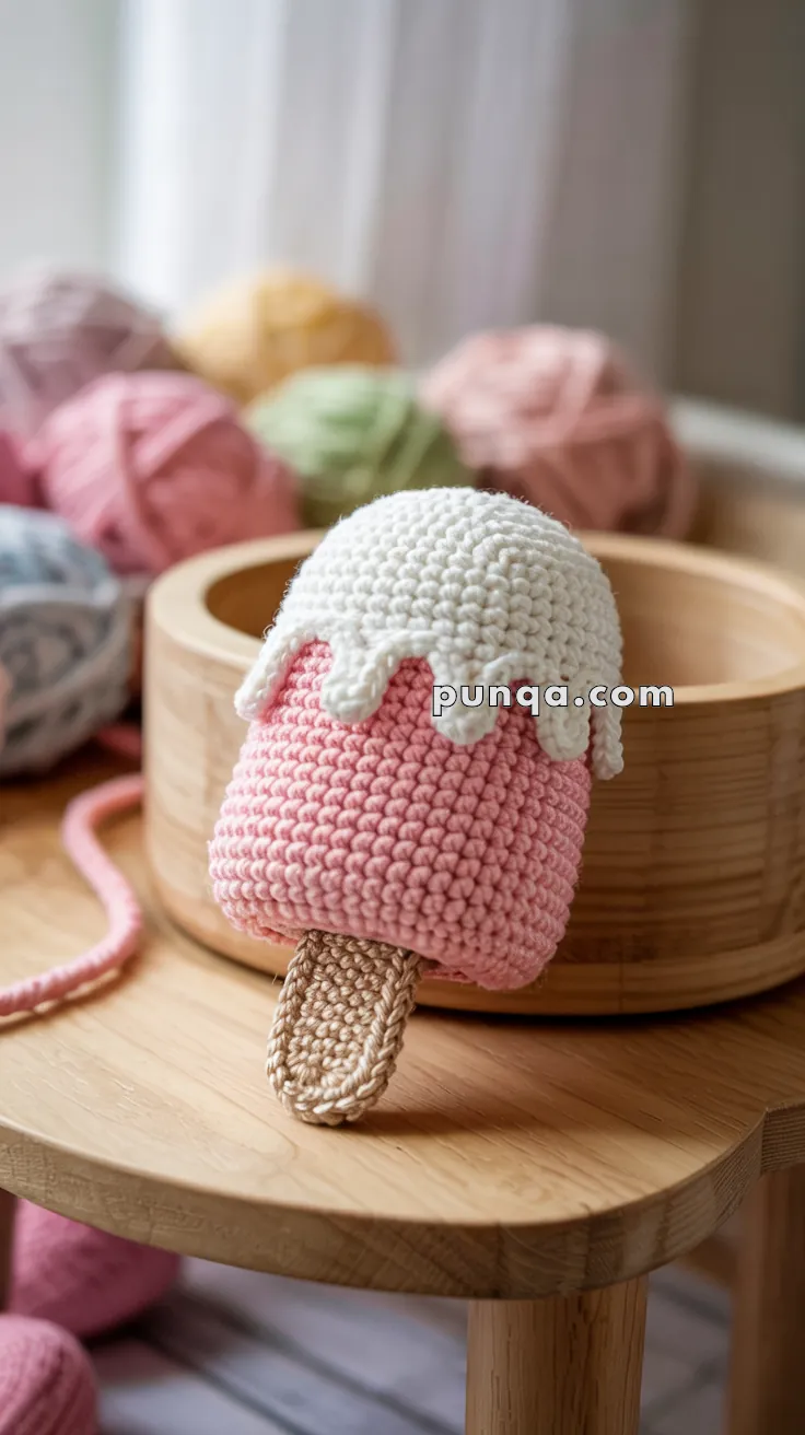 A crochet ice cream-shaped toy with a pink body, white topping, and beige stick, placed on a wooden surface with colorful yarn balls in the background.
