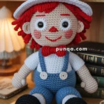A crocheted doll with red hair, wearing a white and blue striped hat, a red bow tie, white shirt, and blue overalls, seated on a wooden shelf with books in the background.