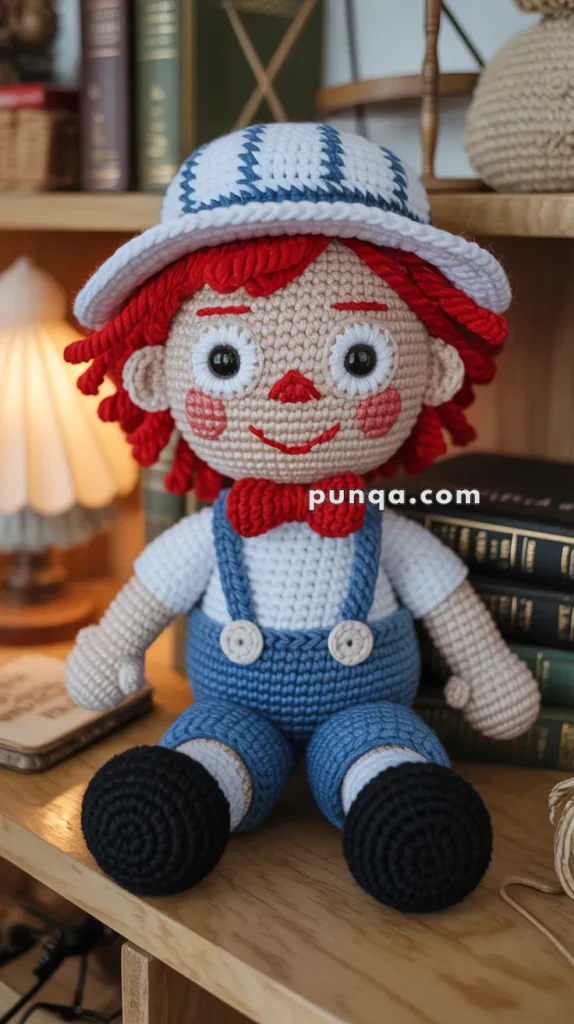 A crocheted doll with red hair, wearing a white and blue striped hat, a red bow tie, white shirt, and blue overalls, seated on a wooden shelf with books in the background.