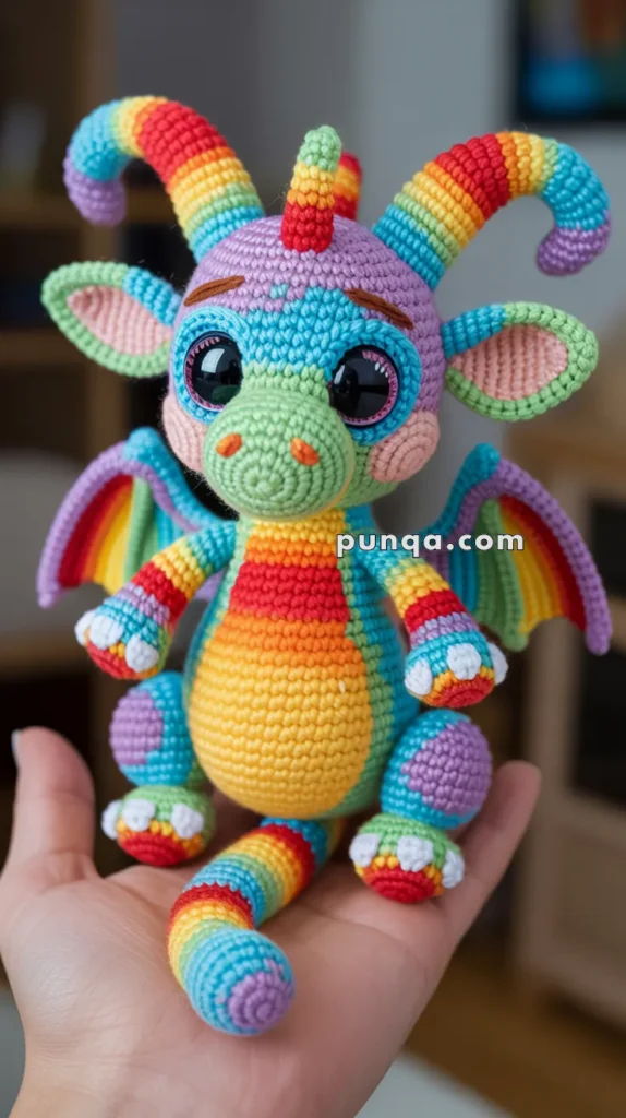 Colorful crocheted dragon plush toy with rainbow stripes and large black eyes, held in a person's hand.