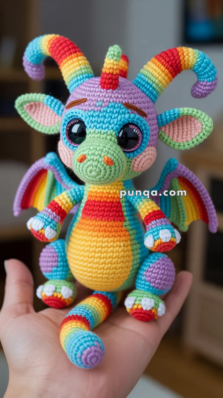 Colorful crocheted dragon plush toy with rainbow stripes and large black eyes, held in a person's hand.