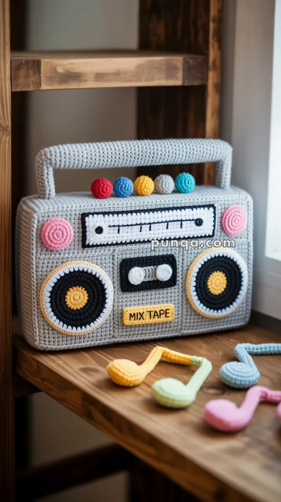 Crocheted boombox with colorful knobs and cassette tape design, labeled 'MIX TAPE,' displayed on a wooden shelf with crocheted musical notes nearby.