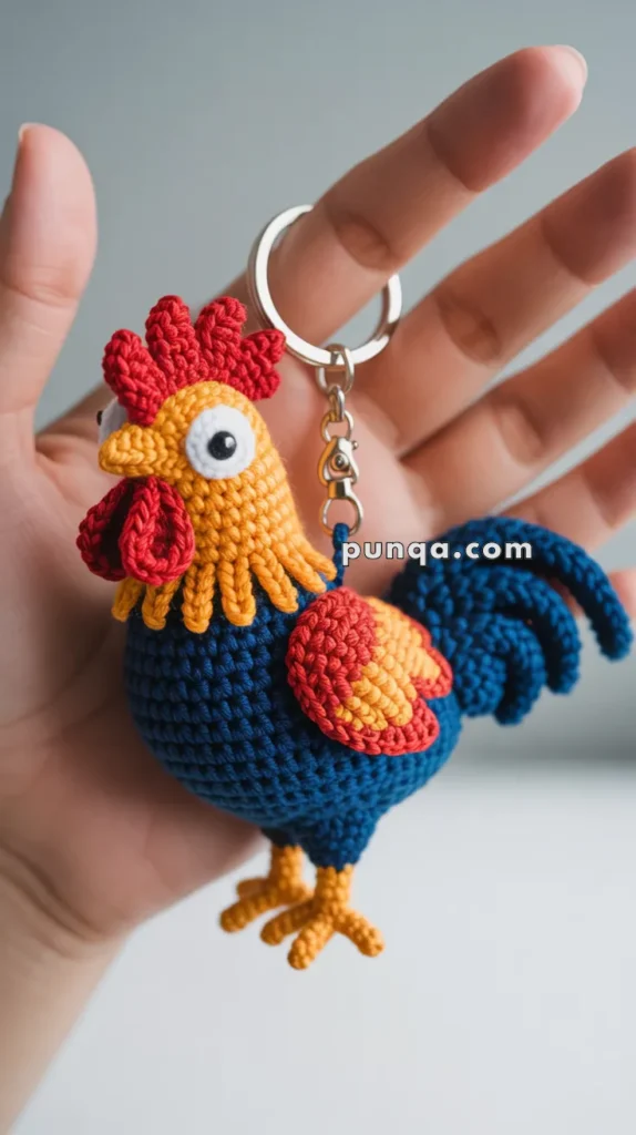 A crochet keychain in the shape of a rooster with a red comb, yellow beak, and blue body, held in a person's hand.