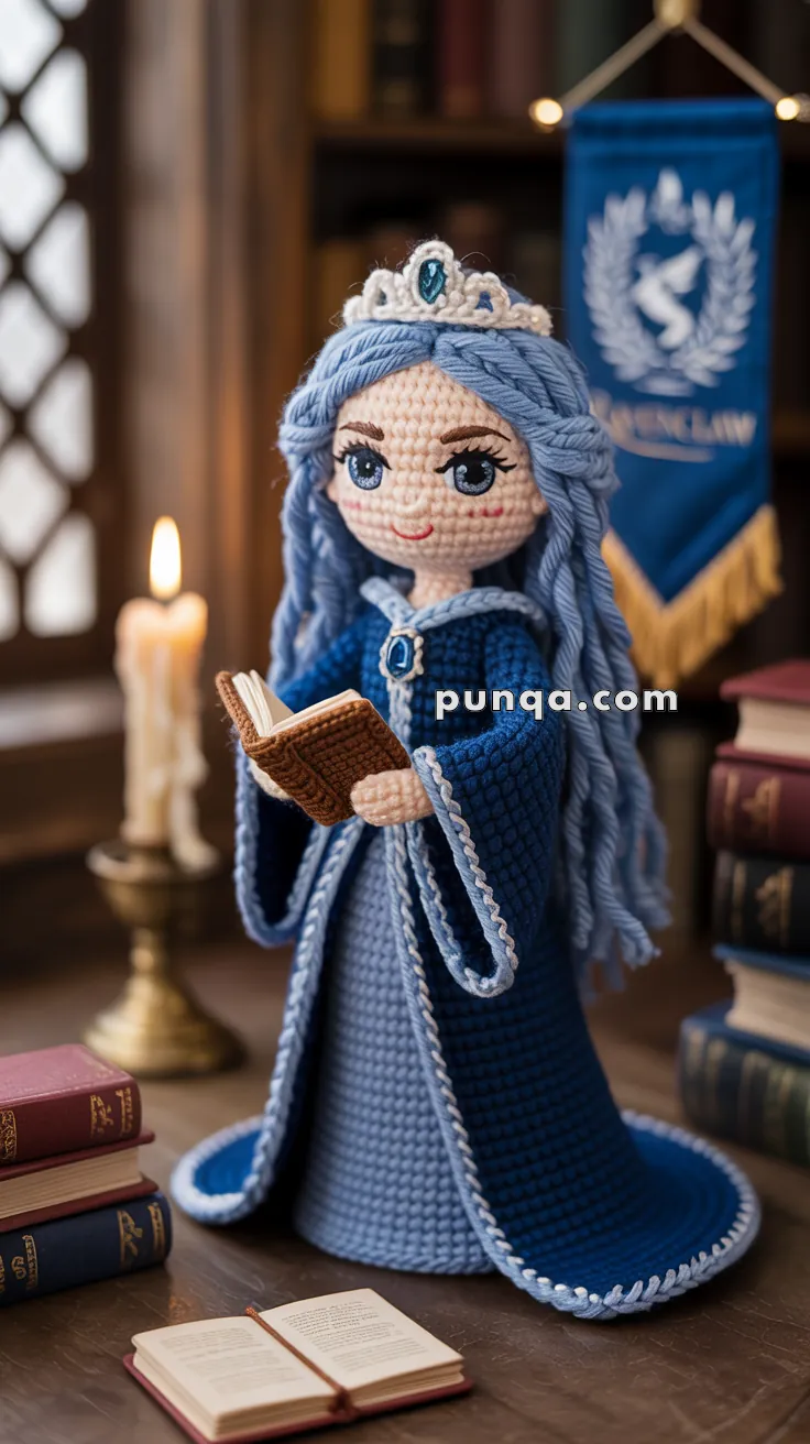 A crocheted doll with long blue hair wearing a blue dress and tiara stands holding a book. It is set in a cozy library environment with books and a candle in the background. A banner is hanging nearby.