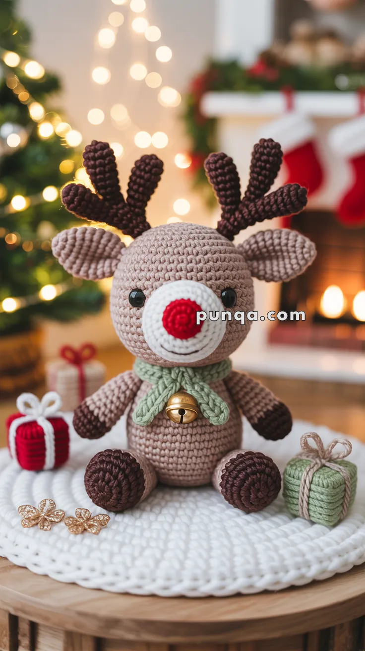 A crocheted reindeer with a red nose and antlers, adorned with a green scarf and bell, seated on a white knitted mat, surrounded by small gift boxes and holiday decorations.