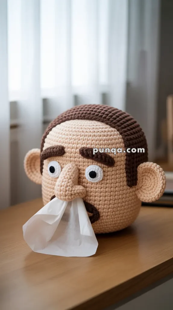A crocheted tissue box cover shaped like a human head with exaggerated features, including large eyes, ears, and a nose, dispensing tissues from the mouth, placed on a wooden surface in a softly lit room.