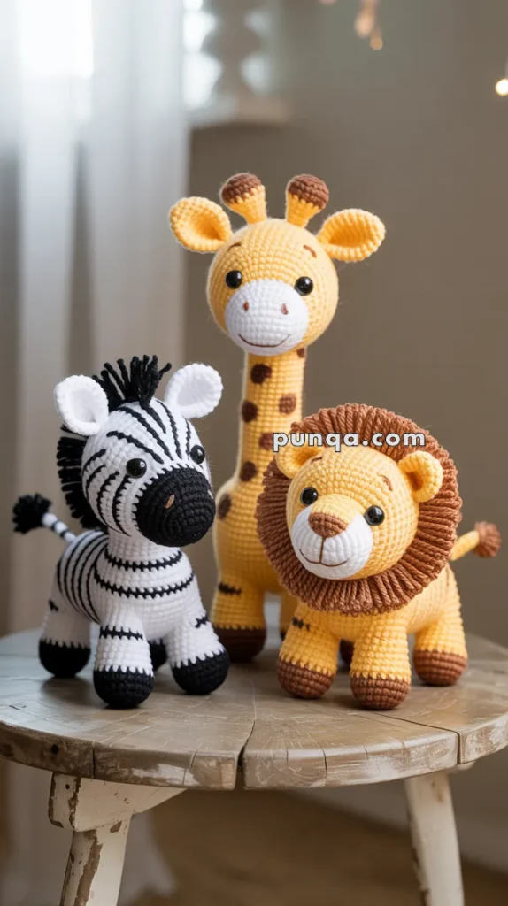 Three crocheted animals, a zebra, giraffe, and lion, are placed on a wooden table against a softly lit background.