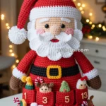 Crocheted Santa Claus figure with an advent calendar on its belly, featuring numbered pockets filled with small festive items like candy canes and toys, against a cozy, warmly lit background.