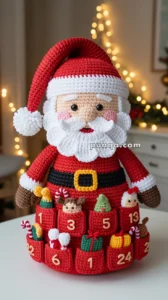 Crocheted Santa Claus figure with an advent calendar on its belly, featuring numbered pockets filled with small festive items like candy canes and toys, against a cozy, warmly lit background.