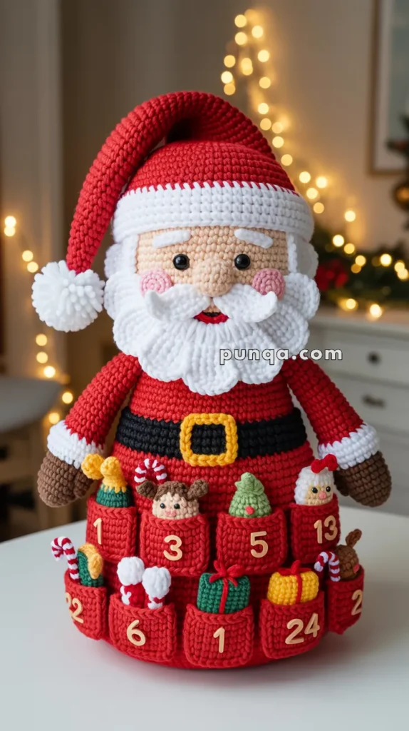Crocheted Santa Claus figure with an advent calendar on its belly, featuring numbered pockets filled with small festive items like candy canes and toys, against a cozy, warmly lit background.