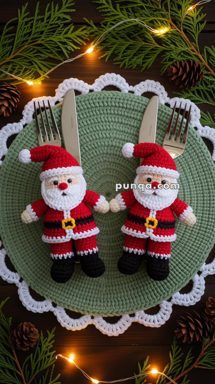 Two crocheted Santa Claus figurines placed on a plate with a green and white crocheted doily, accompanied by silverware. The setting is decorated with pine branches and string lights, creating a festive holiday atmosphere.