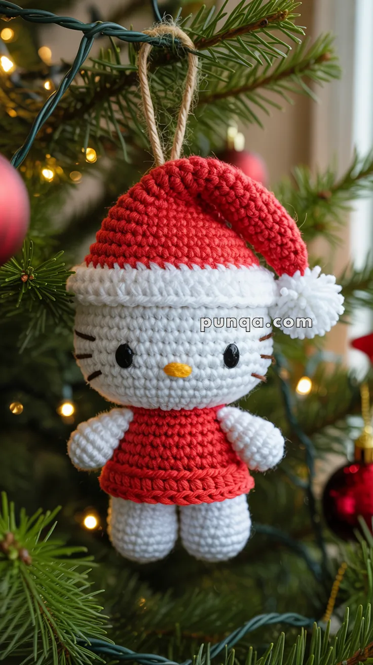 A crocheted Hello Kitty ornament dressed in a red Santa outfit with a white trim, hanging on a Christmas tree branch with festive lights in the background.