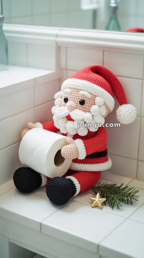 A crocheted Santa Claus doll holding a roll of toilet paper, sitting on a white tiled surface with a small evergreen branch and gold star decoration nearby.
