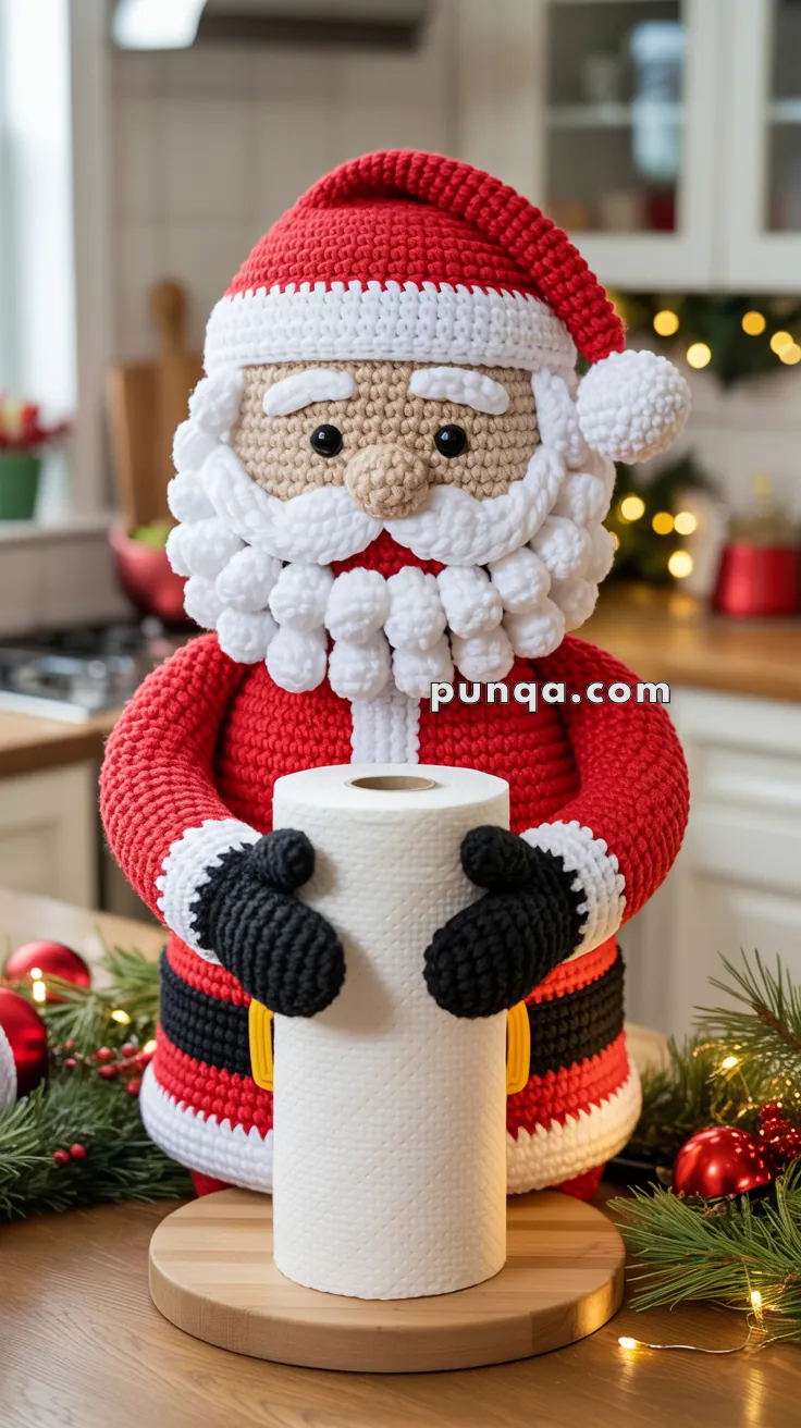 Crocheted Santa Claus figure holding a roll of paper towels, set in a kitchen with holiday decorations including string lights and Christmas ornaments.