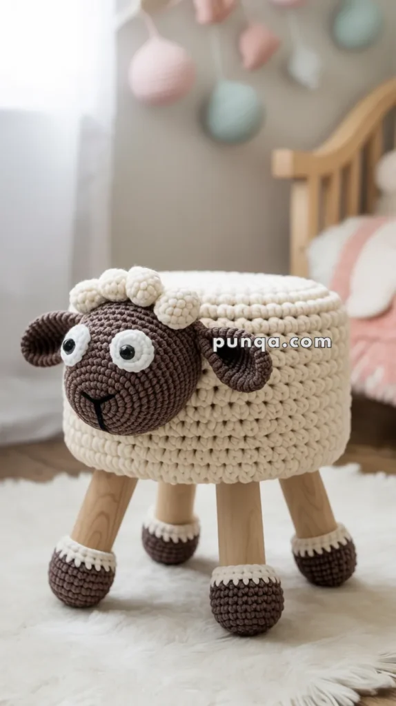 A knitted ottoman shaped like a sheep, with a woolen texture covering and wooden legs, placed on a fluffy white rug in a cozy room setting.