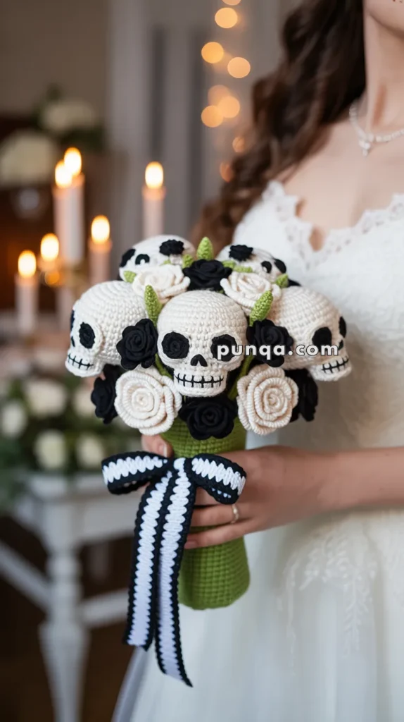 A woman in a wedding dress holds a crocheted bouquet featuring skulls and black and white roses, with a black and white ribbon tied around the stem, set against a softly lit background with candles.