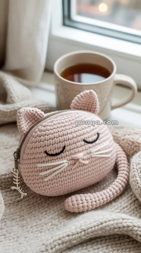 A knitted cat-shaped pouch with closed eyes and whiskers in light pink, resting on a cozy knitted blanket near a cup of tea by the window.