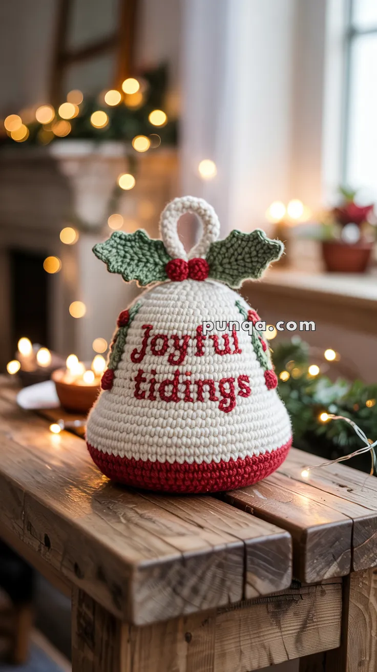 A knitted bell-shaped decoration with "Joyful tidings" written on it, adorned with green leaves and red berries, placed on a wooden table with blurred festive lights in the background.