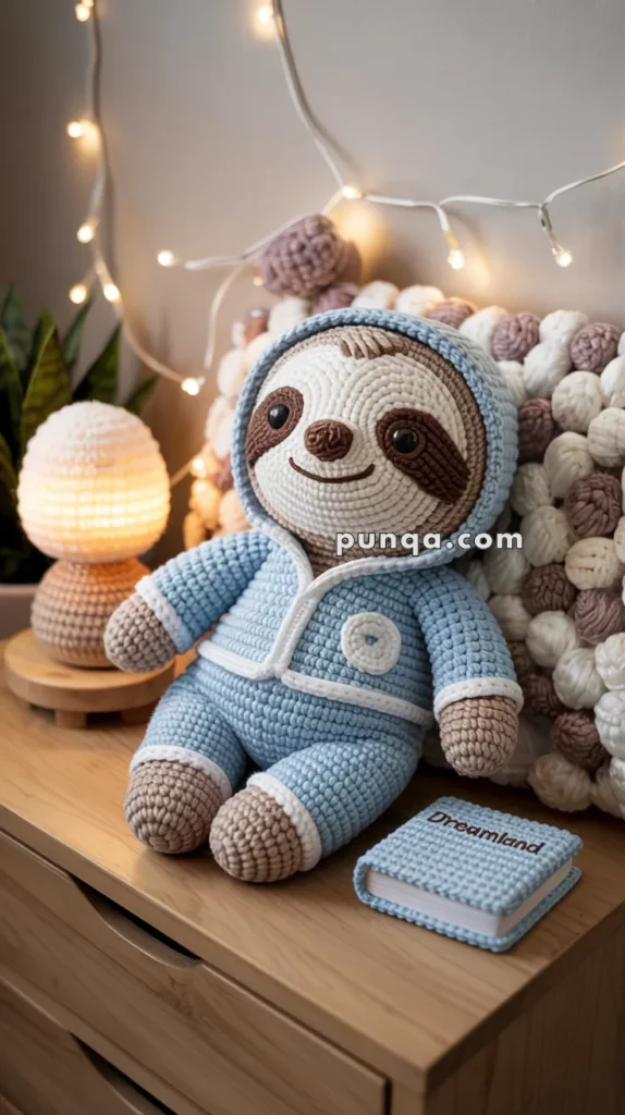 A crocheted sloth plush toy in a blue outfit is seated on a wooden surface. The setting includes a cozy, knitted pillow, a small crocheted lamp, and a crocheted book titled "Dreamland." String lights create a warm ambiance in the background.
