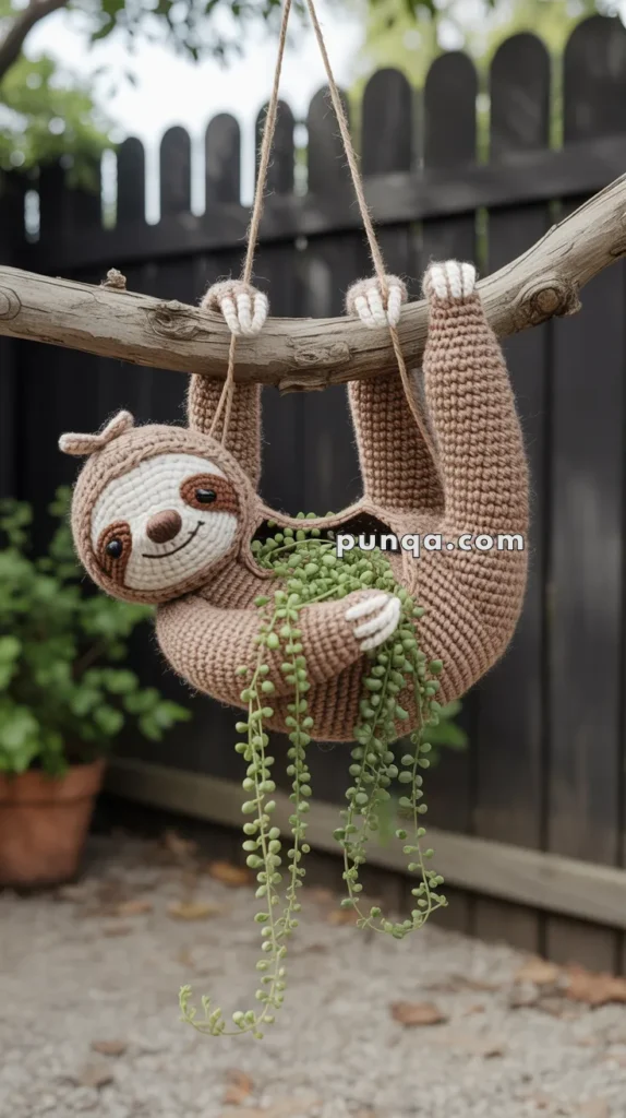 A crocheted sloth planter hanging from a branch, containing a string of pearls plant with long green vines.