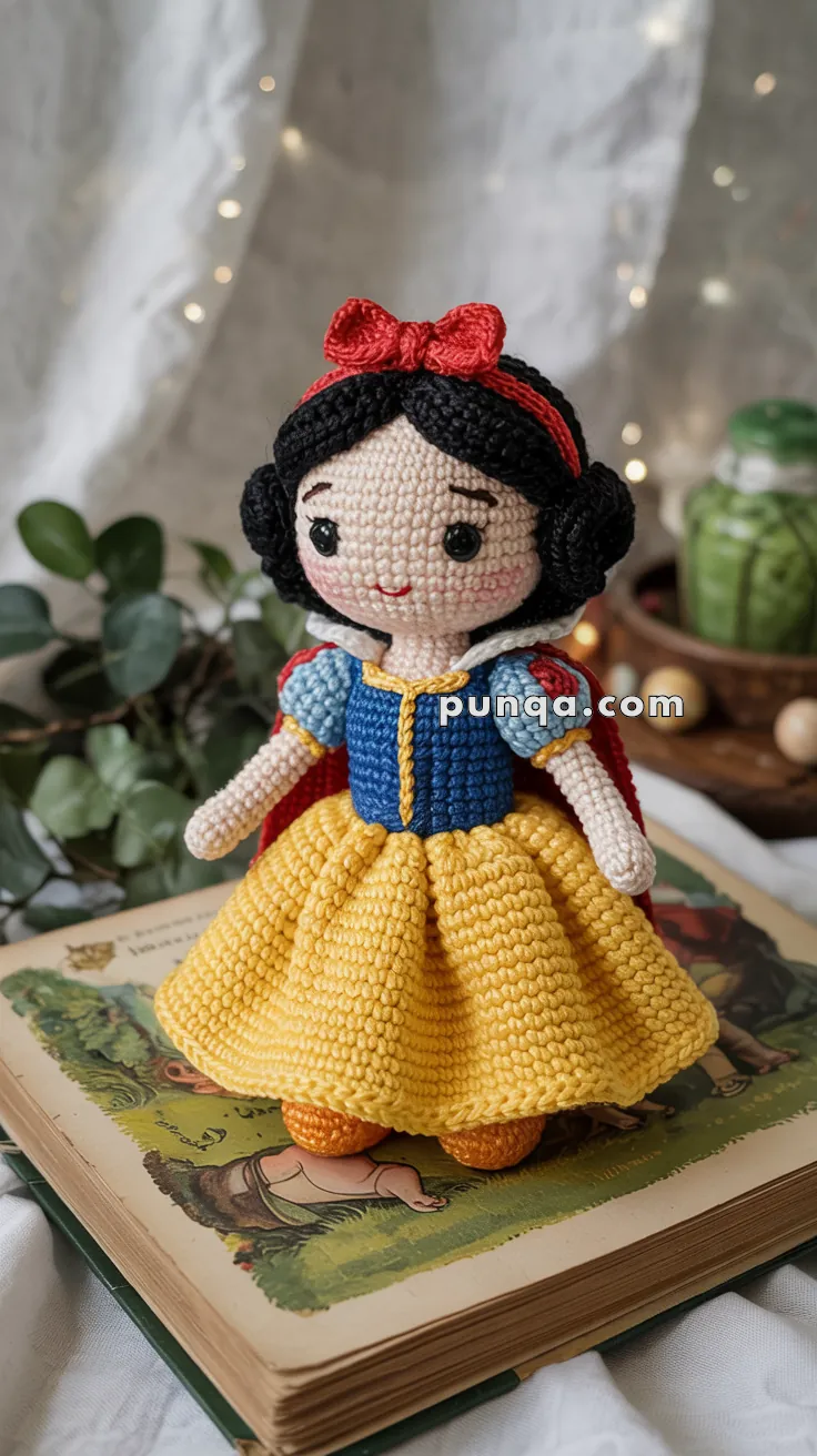 A crocheted doll dressed in a blue and yellow outfit with a red cape and headband, resembling a fairy tale character, standing on an open storybook with blurred plants in the background.