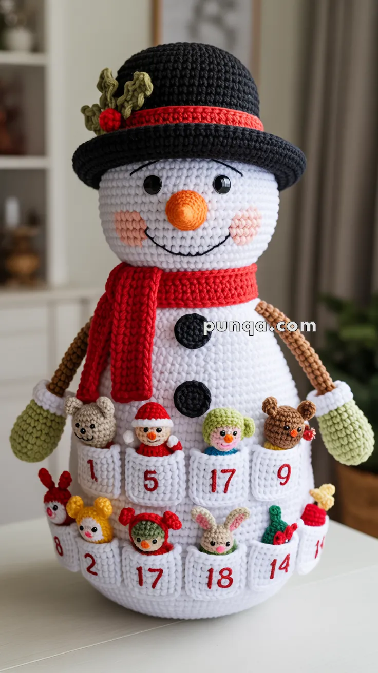 A crocheted snowman with a black hat, red scarf, and colorful mini plush toys in numbered pockets on its body, functioning like an advent calendar.