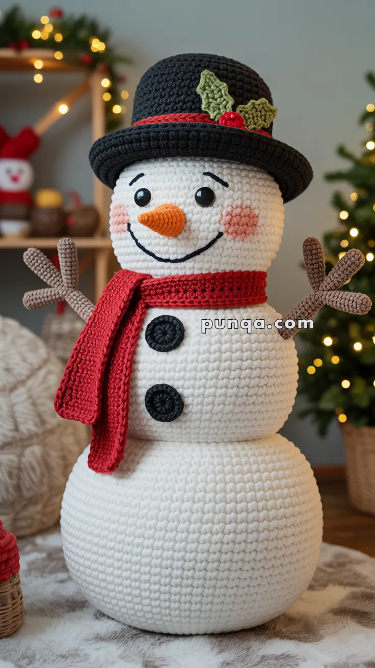 A crocheted snowman with a black hat decorated with holly leaves and berries, a red scarf, and black buttons stands indoors, surrounded by holiday decorations.