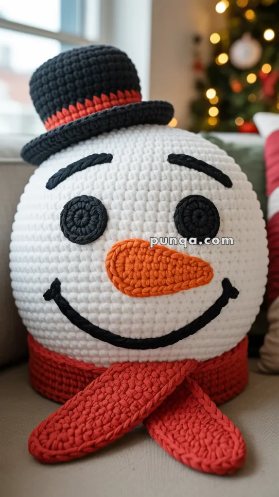 A crocheted snowman pillow with a black top hat, an orange carrot-like nose, and a red scarf, sitting on a couch with a blurred Christmas tree in the background.