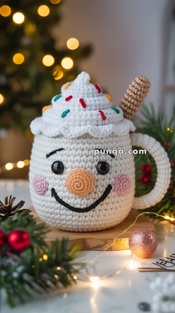 A crocheted mug with a smiling face, topped with white whipped cream and colorful sprinkles, and a candy-like handle, set in a festive holiday scene with pine branches, baubles, and warm lights in the background.