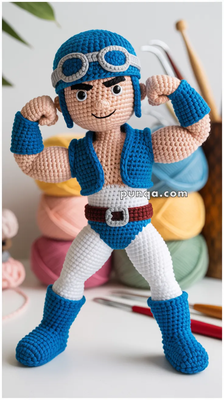A crocheted doll wearing a blue helmet, goggles, and a sleeveless blue vest, with white pants and blue boots, standing in front of a background with pastel yarn balls and crochet hooks.
