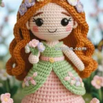 A crocheted doll with long orange hair adorned with flowers, wearing a green and pink dress, holding a small floral bouquet, and surrounded by crocheted flowers and butterflies.