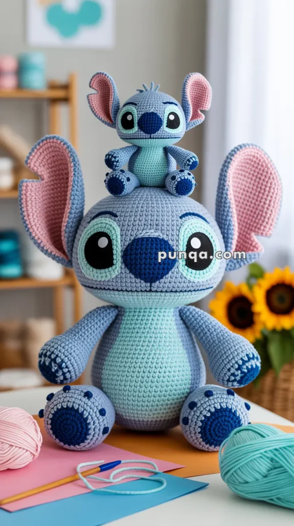 Two crocheted plush toys of a blue alien character with large ears; a smaller one sits on top of a larger one, surrounded by colorful yarn and crafting tools on a table, with sunflowers in the background.