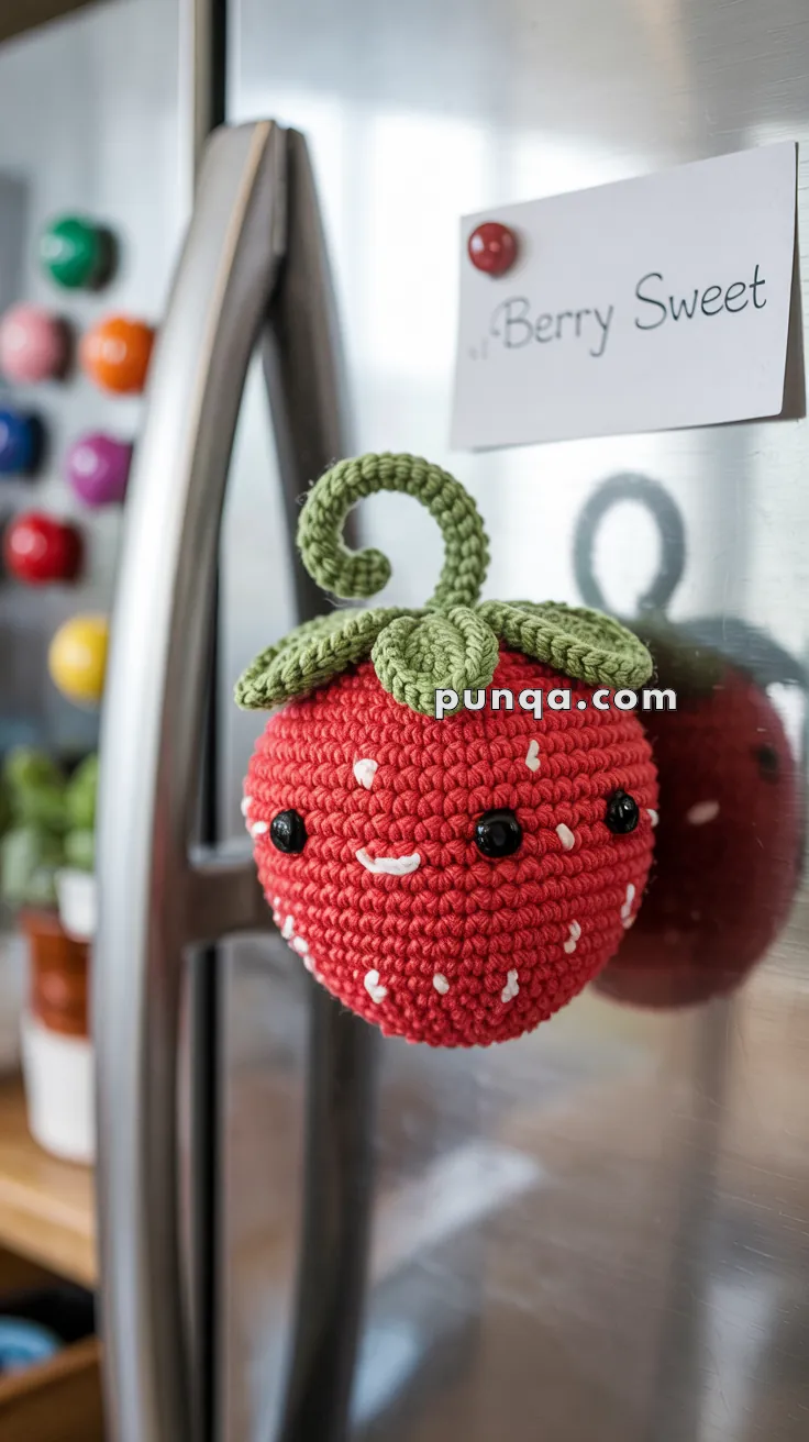 Crocheted strawberry magnet with cute face and green leaves attached to a refrigerator door, next to a note card reading 'Berry Sweet.'