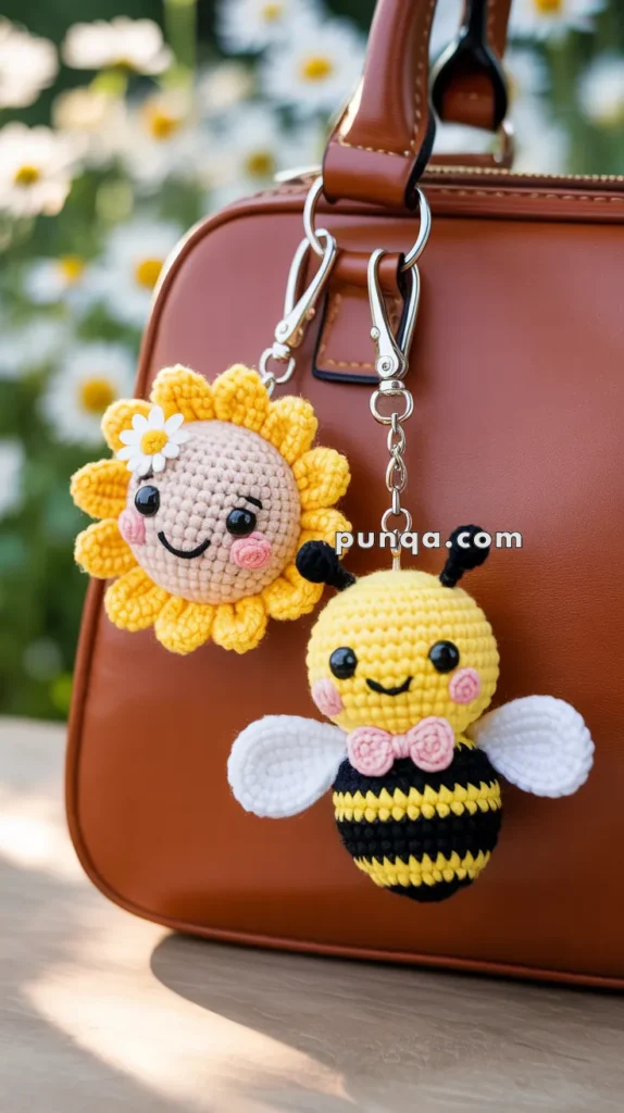 Two crocheted keychains, one depicting a smiling sun with a small flower and the other a cheerful bee with wings and a pink bow tie, attached to a brown handbag with a floral background.