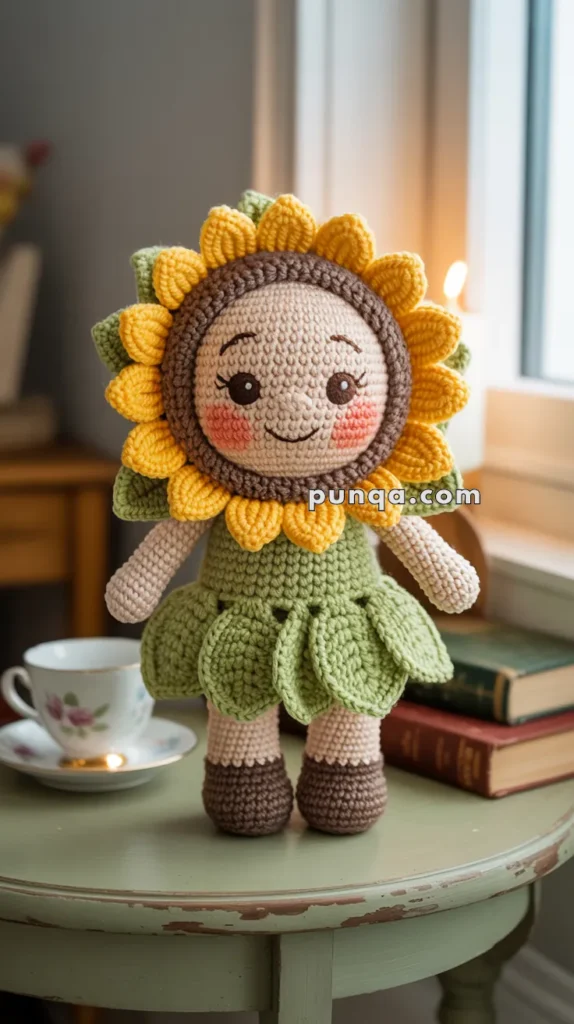 A crocheted doll with a sunflower design, featuring a smiling face, brown hair, yellow petals around the head, a green dress, and brown shoes, standing on a round table next to a teacup and books by a window.