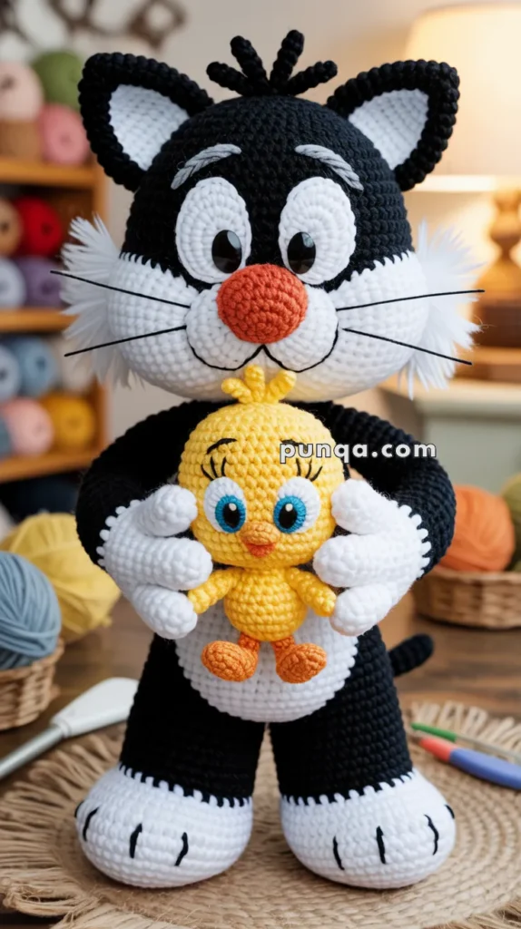 A crocheted black and white cat holding a yellow bird, displayed on a wooden table with yarn and crafting tools in the background.