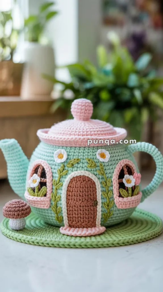 A crocheted teapot designed to resemble a whimsical house with a door, windows, and floral decorations, sitting on a crocheted base with a small mushroom next to it.