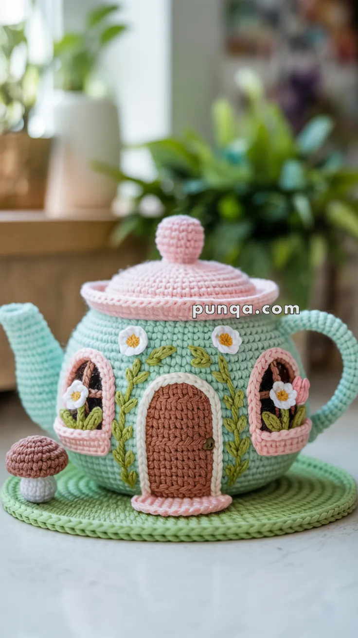 A crocheted teapot designed to resemble a whimsical house with a door, windows, and floral decorations, sitting on a crocheted base with a small mushroom next to it.