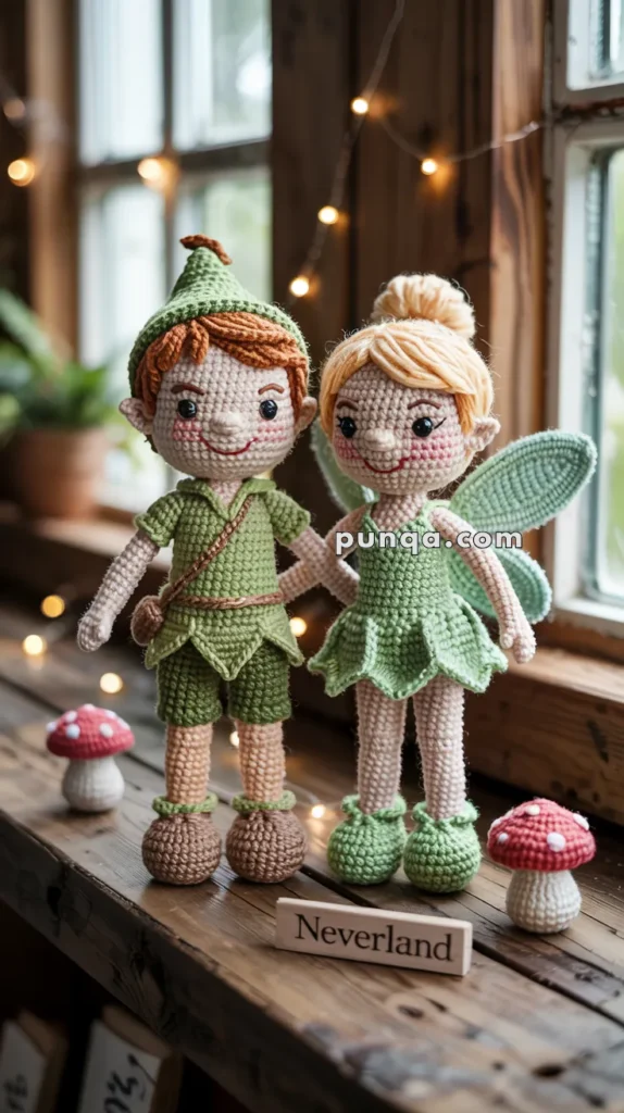 Two hand-knitted dolls resembling fictional characters, Peter Pan and Tinker Bell, stand on a wooden surface decorated with small fabric mushrooms and a "Neverland" sign, with warm string lights and a window in the background.