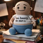 A crocheted doll with a smiling face sits under a desk lamp on top of a stack of papers. The doll is wearing a white shirt that reads 'too heavy to mo' and has blue pants. The background includes stationery items like pens and notes on a wooden surface.